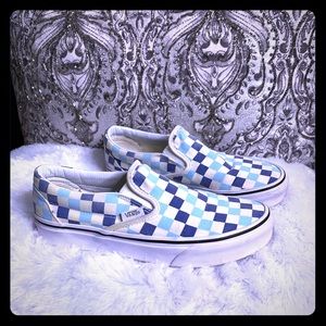 blue and white checkered slip on vans